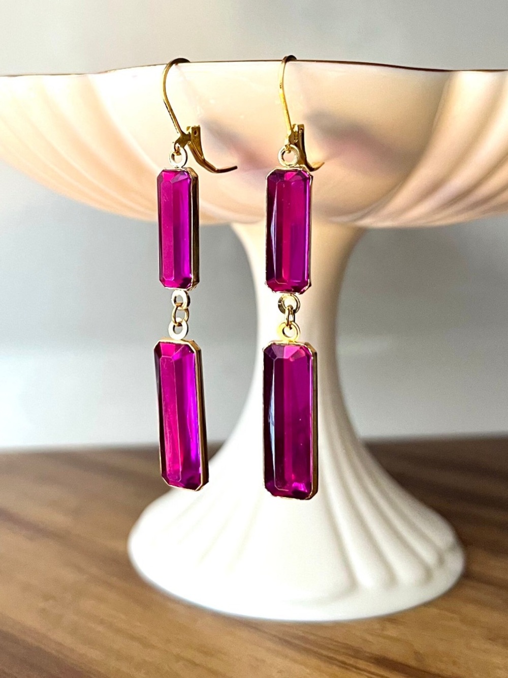 Rectangular Acrylic Drop Earrings - Gold/Fuchsia